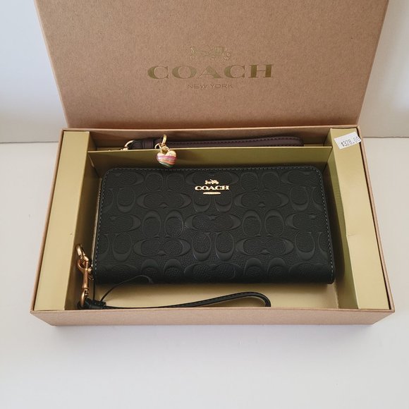 Coach CF464 Boxed Debossed Long Zip Around Wallet Clutch Wristlet Black 1 Charm - Picture 2 of 8